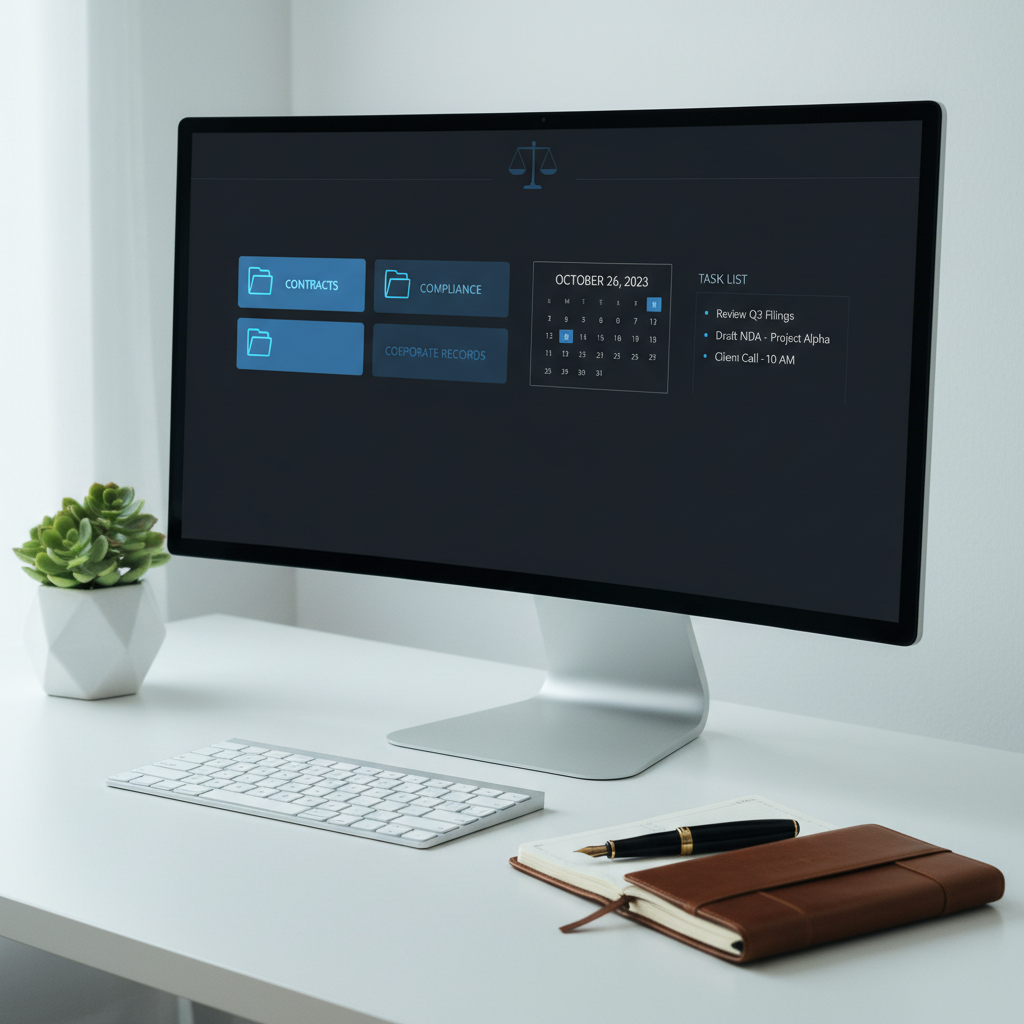 An ultra-modern virtual legal command center displayed on a wide, curved computer monitor set on a clean white desk. The screen shows an organized digital dashboard with labeled folders for contracts, compliance, and corporate records, alongside a minimalist calendar and task list. Around the monitor are neatly arranged items: a slim wireless keyboard, a fountain pen resting on a leather-bound planner, and a small potted plant adding a touch of green. Cool, diffused daylight from an unseen side window creates soft, even lighting with minimal shadows. Photographic realism with a slightly elevated composition, sharp focus throughout, and a clean, contemporary aesthetic that communicates control, clarity, and remote efficiency.